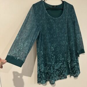 Forest Fairy Green Floral Tunic Blouse Sz XL Whimsical Sheer Overlay Lined